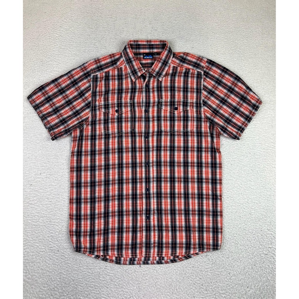 Kavu Shirt Mens Medium‎ Red Navy Plaid 100% Cotton Short Sleeve Button Front